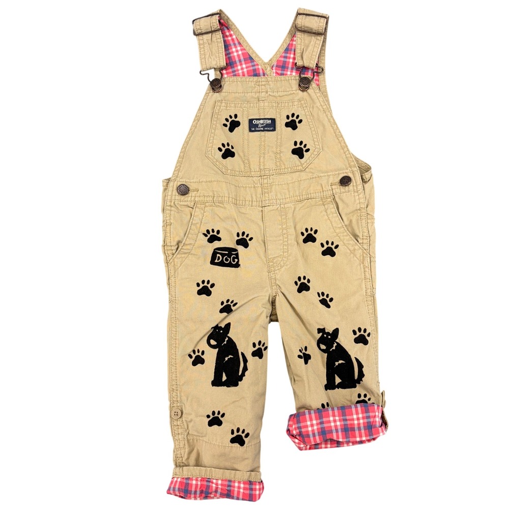 OshKosh B'gosh Toddler 3T Khaki Dog Paw Print Plaid Lined Canvas Overalls